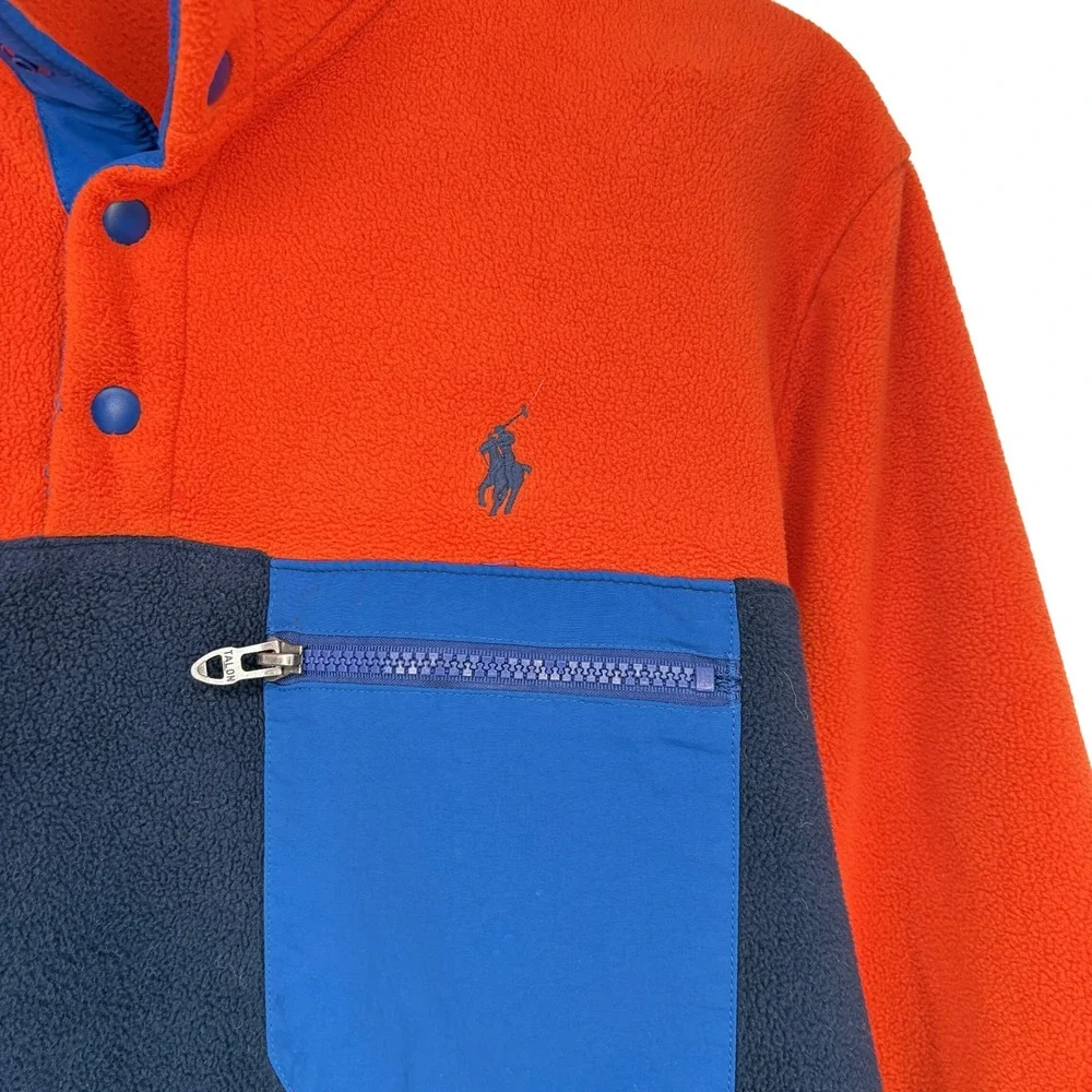 Polo Ralph‎ Lauren Fleece Pullover Jacket Orange Blue Colorblock Mens